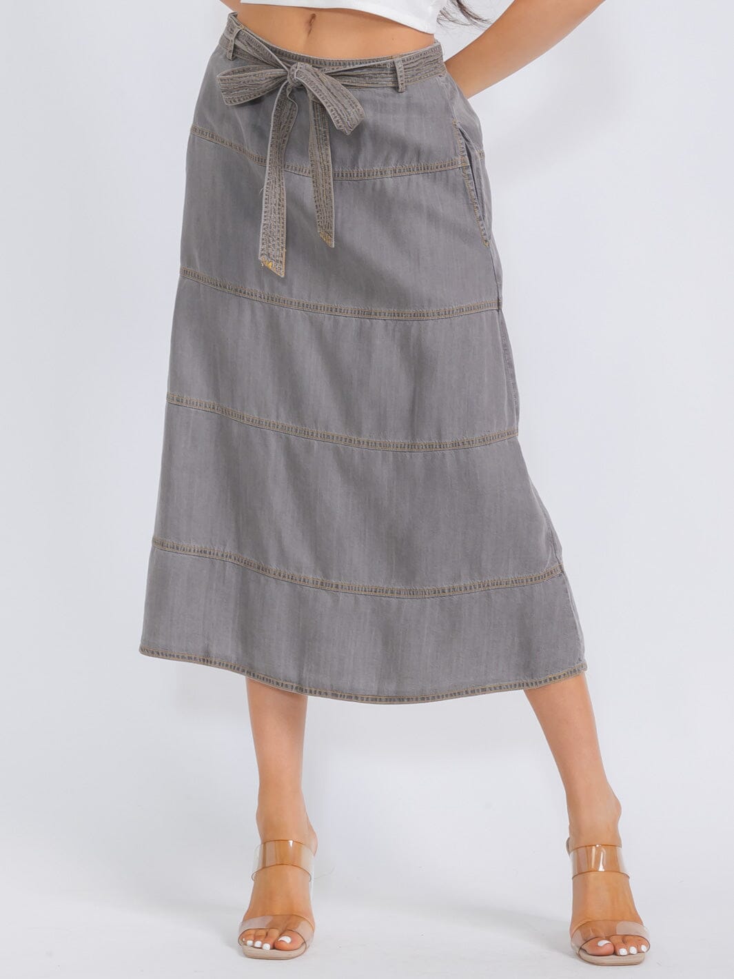 WOMEN'S ELASTIC WAIST TIERED SELF TIE MIDI SKIRT