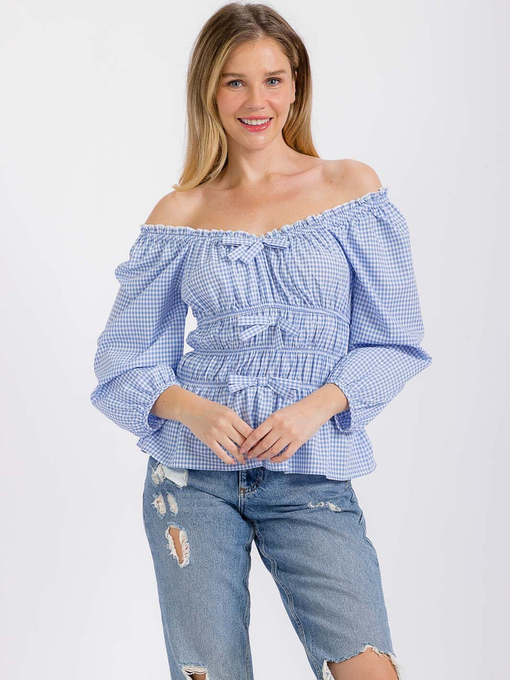 WOMEN'S LONG SLEEVE ELASTIC WAIST PLAID BLOUSE