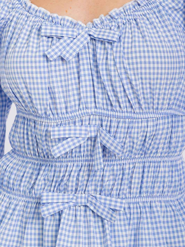 WOMEN'S LONG SLEEVE ELASTIC WAIST PLAID BLOUSE