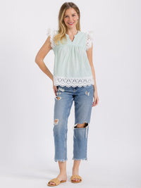 WOMEN'S RUFFLE SLEEVE V-NECK CROCHET TRIM PLAID BLOUSE