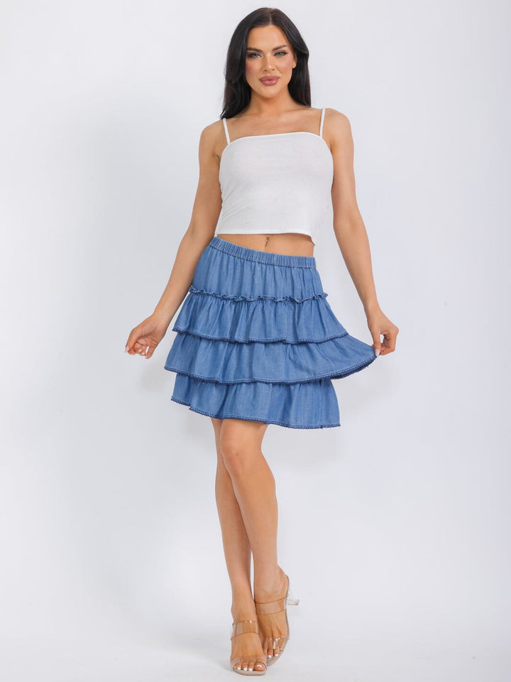 WOMEN'S ELASTIC WAIST TIERED RUFFLE CHAMBRAY MINI SKIRT