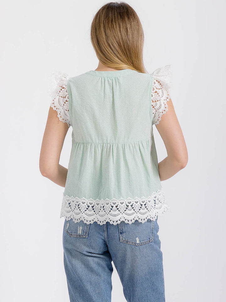 WOMEN'S RUFFLE SLEEVE V-NECK CROCHET TRIM PLAID BLOUSE