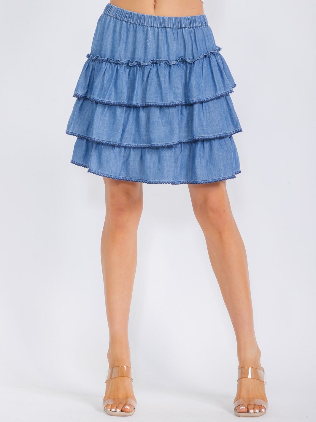 WOMEN'S ELASTIC WAIST TIERED RUFFLE CHAMBRAY MINI SKIRT