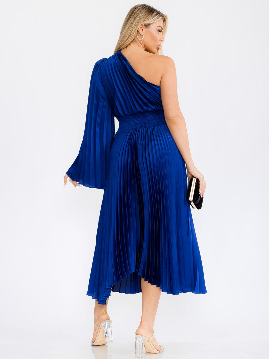WOMEN'S ONE SHOULDER LONG BELL SLEEVE SMOCK WAIST PLEATED MAXI DRESS
