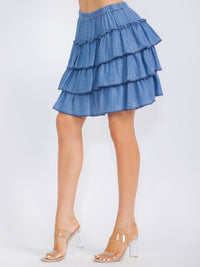 WOMEN'S ELASTIC WAIST TIERED RUFFLE CHAMBRAY MINI SKIRT