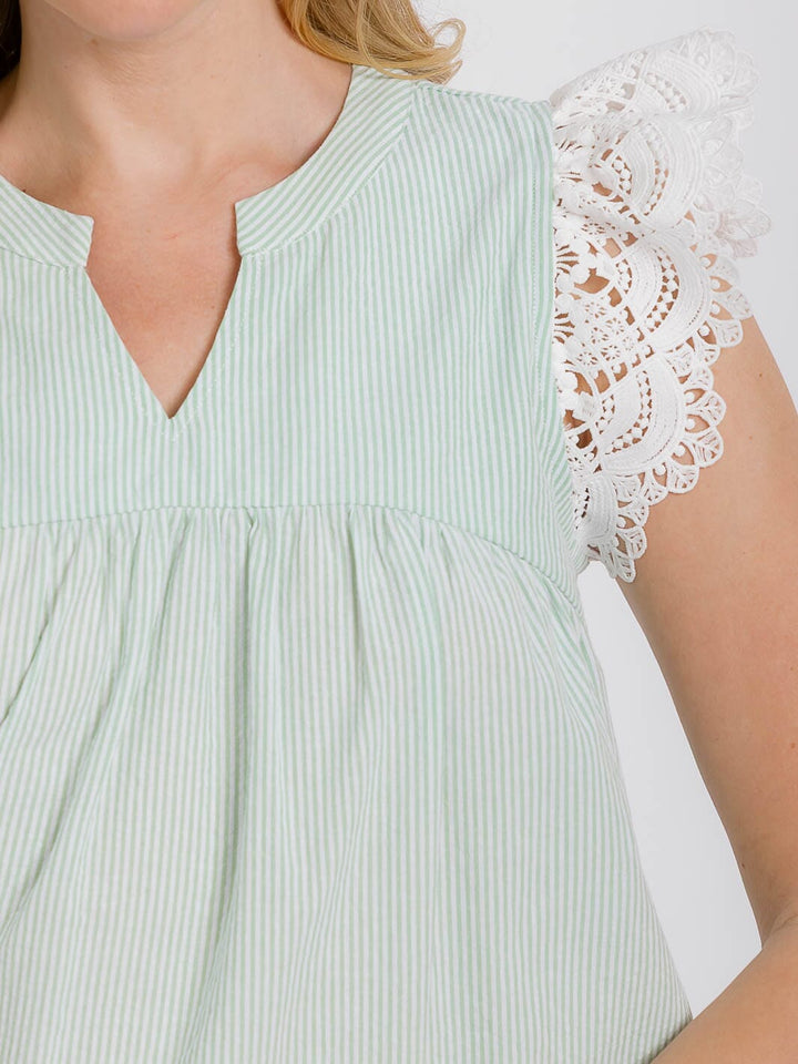 WOMEN'S RUFFLE SLEEVE V-NECK CROCHET TRIM PLAID BLOUSE