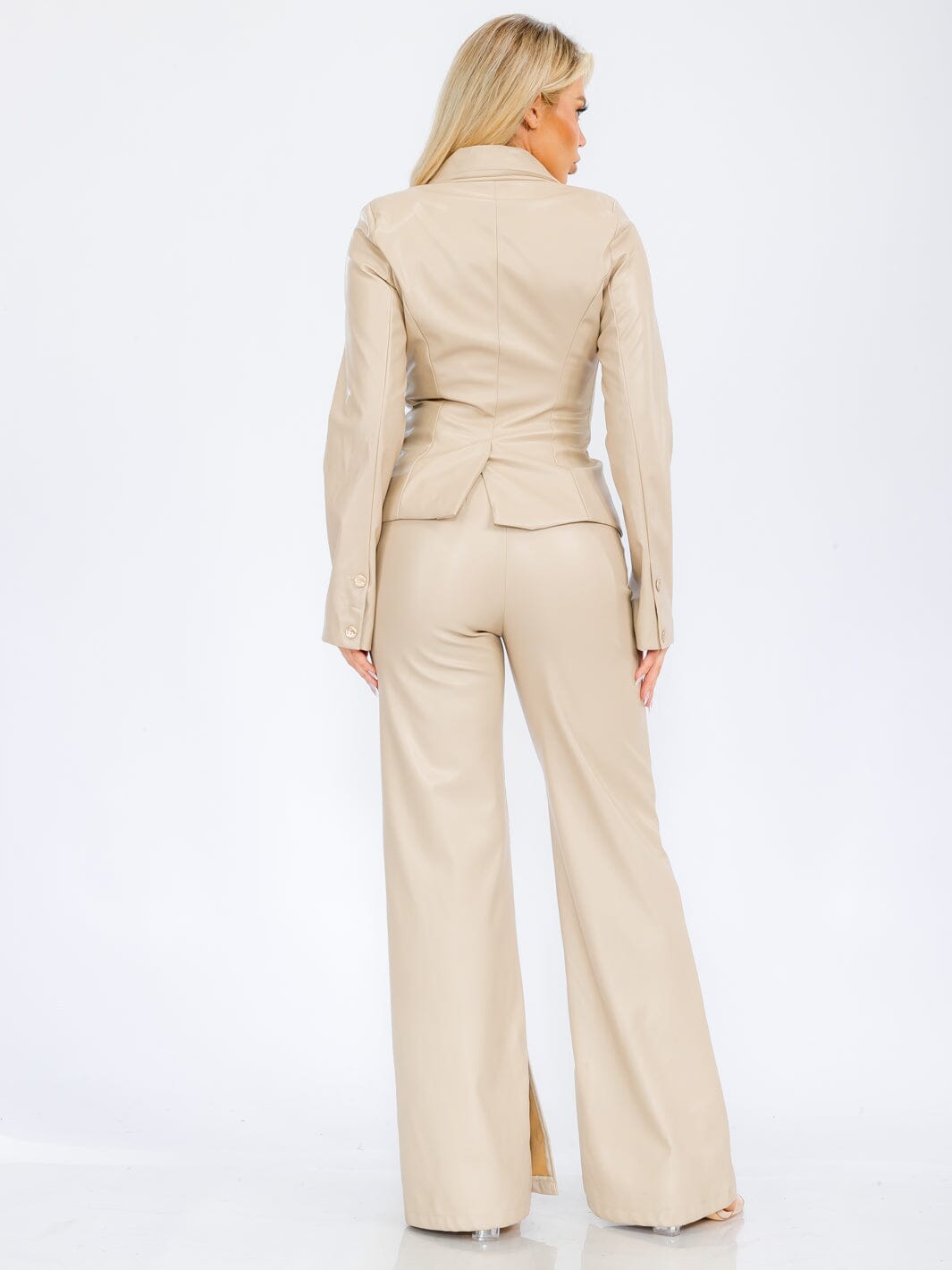 WOMEN'S LONG SLEEVE BLAZER & ZIP UP WIDE LEG PANTS PU PLEATHER 2PC SET