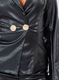 WOMEN'S LONG SLEEVE BLAZER & ZIP UP WIDE LEG PANTS PU PLEATHER 2PC SET