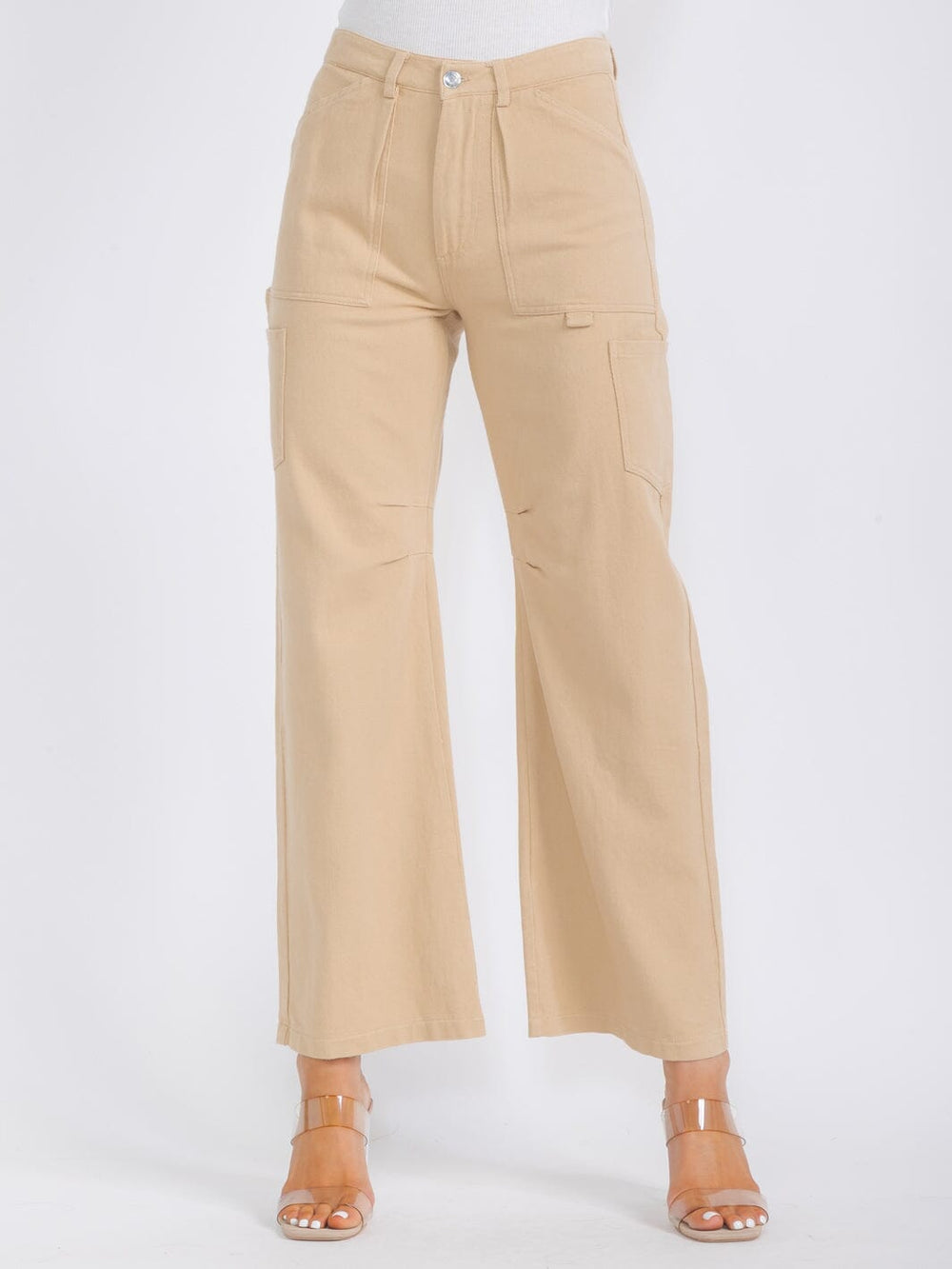 WOMEN'S BUTTON CLOSURE POCKETS WIDE LEG DENIM PANTS