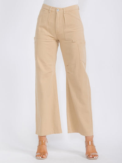 WOMEN'S BUTTON CLOSURE POCKETS WIDE LEG DENIM PANTS