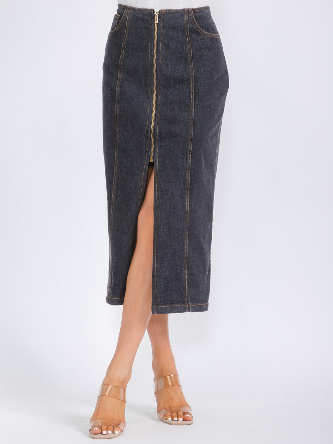 WOMEN'S ZIP UP POCKETS DENIM MIDI PENCIL SKIRT