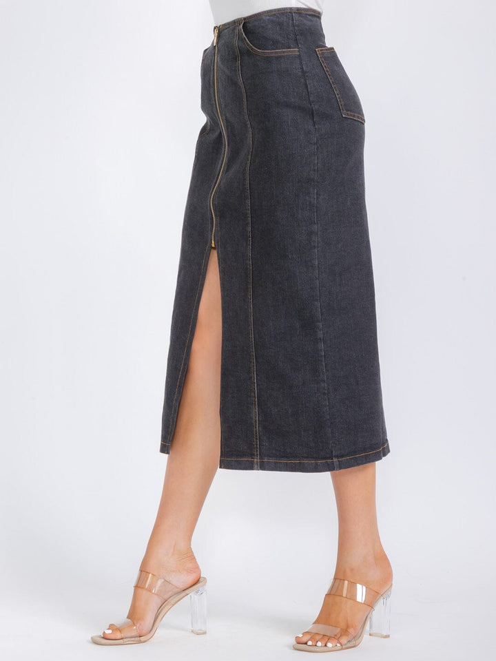WOMEN'S ZIP UP POCKETS DENIM MIDI PENCIL SKIRT