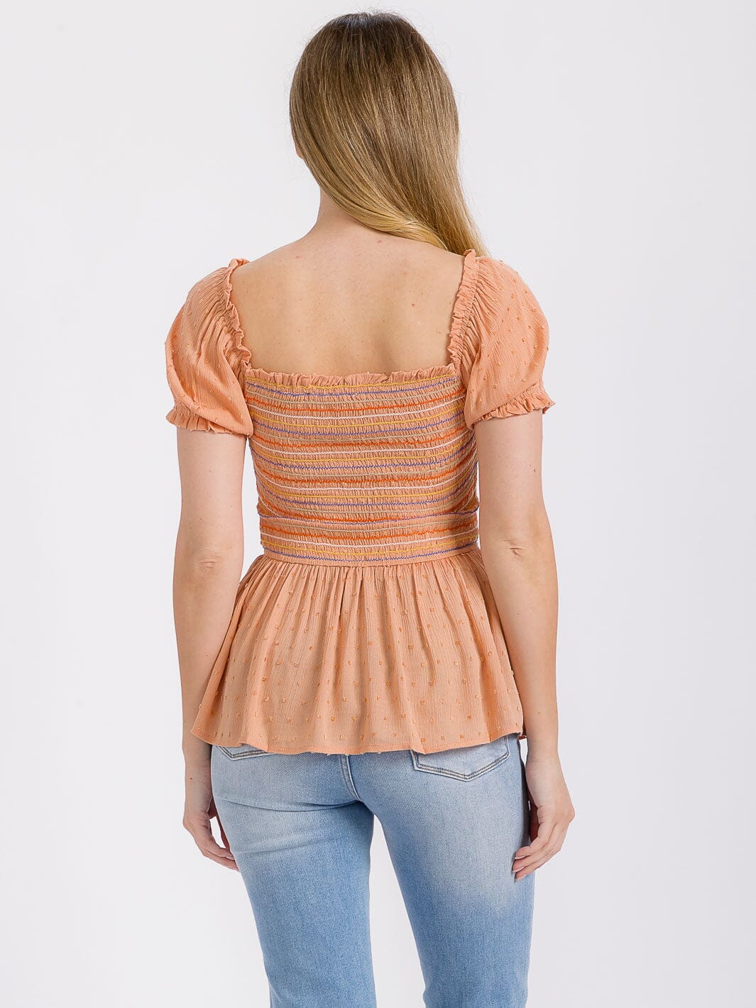 WOMEN'S SHORT SLEEVE SMOCK SWISS MULTI DETAILED PEPLUM TOP