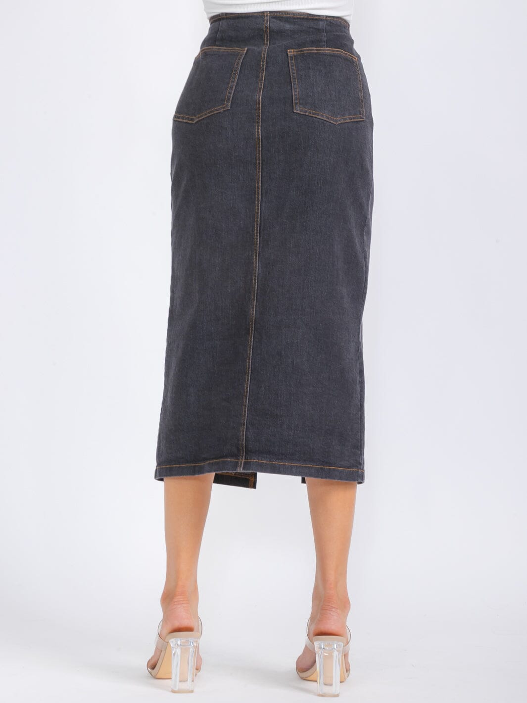 WOMEN'S ZIP UP POCKETS DENIM MIDI PENCIL SKIRT