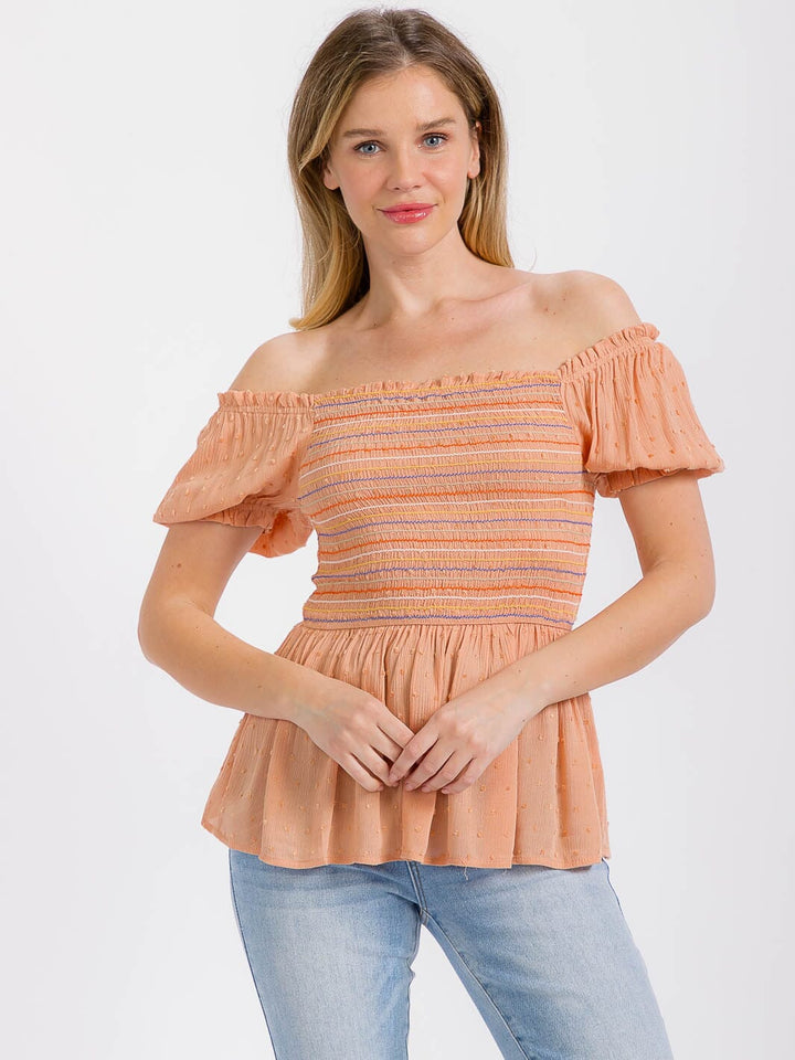 WOMEN'S SHORT SLEEVE SMOCK SWISS MULTI DETAILED PEPLUM TOP