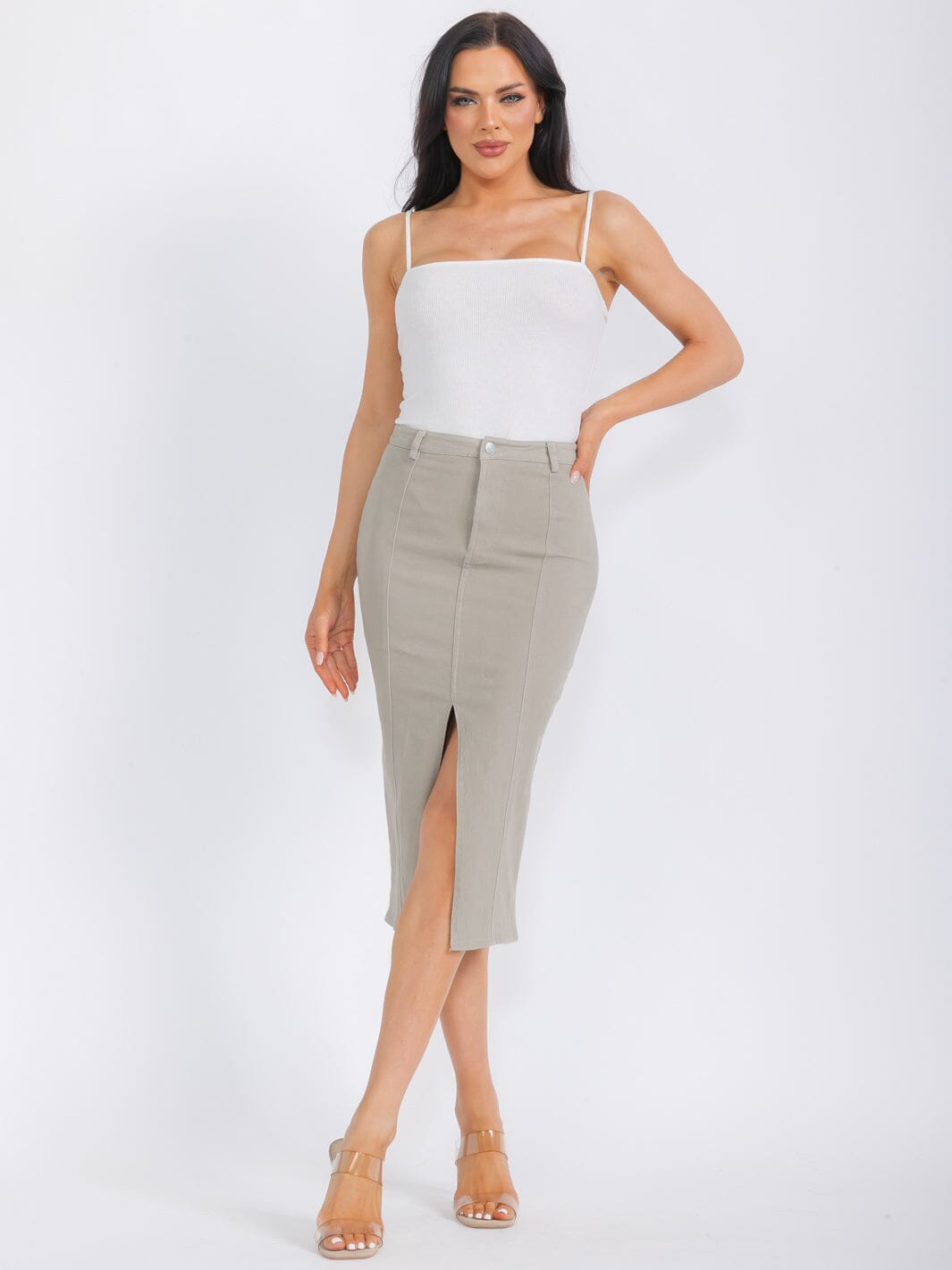 WOMEN'S BUTTON CLOSURE POCKETS DENIM MIDI PENCIL SKIRT