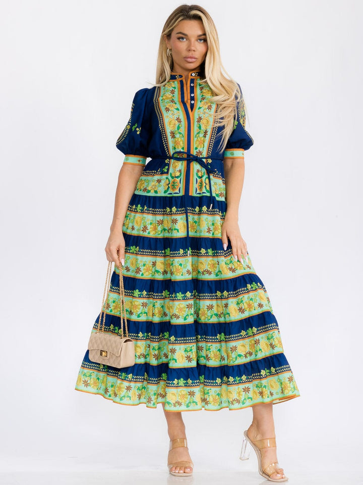 WOMEN'S SHORT PUFF SLEEVES COLORBLOCK BUTTON UP FLORAL MAXI DRESS