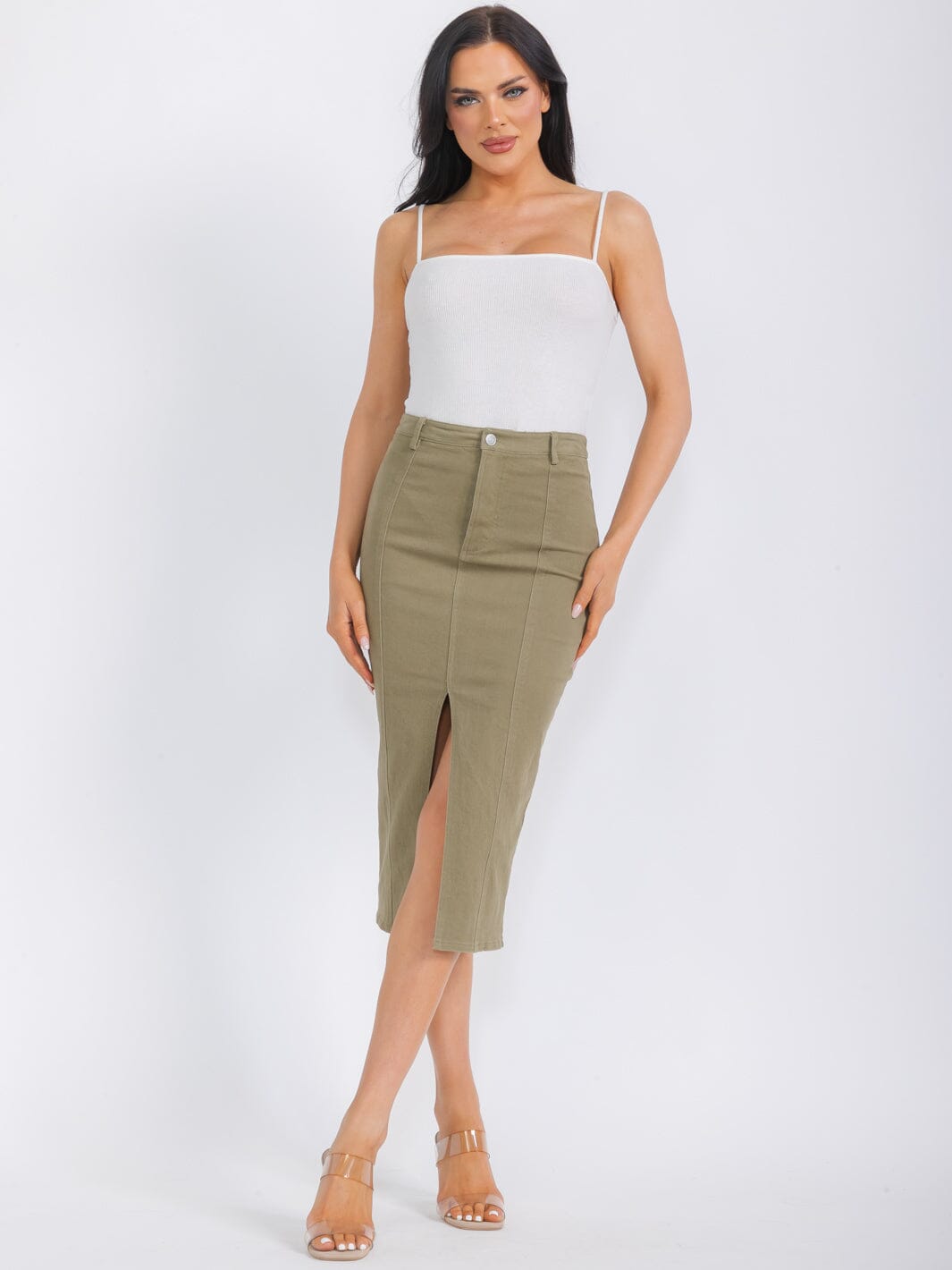 WOMEN'S BUTTON CLOSURE POCKETS DENIM MIDI PENCIL SKIRT