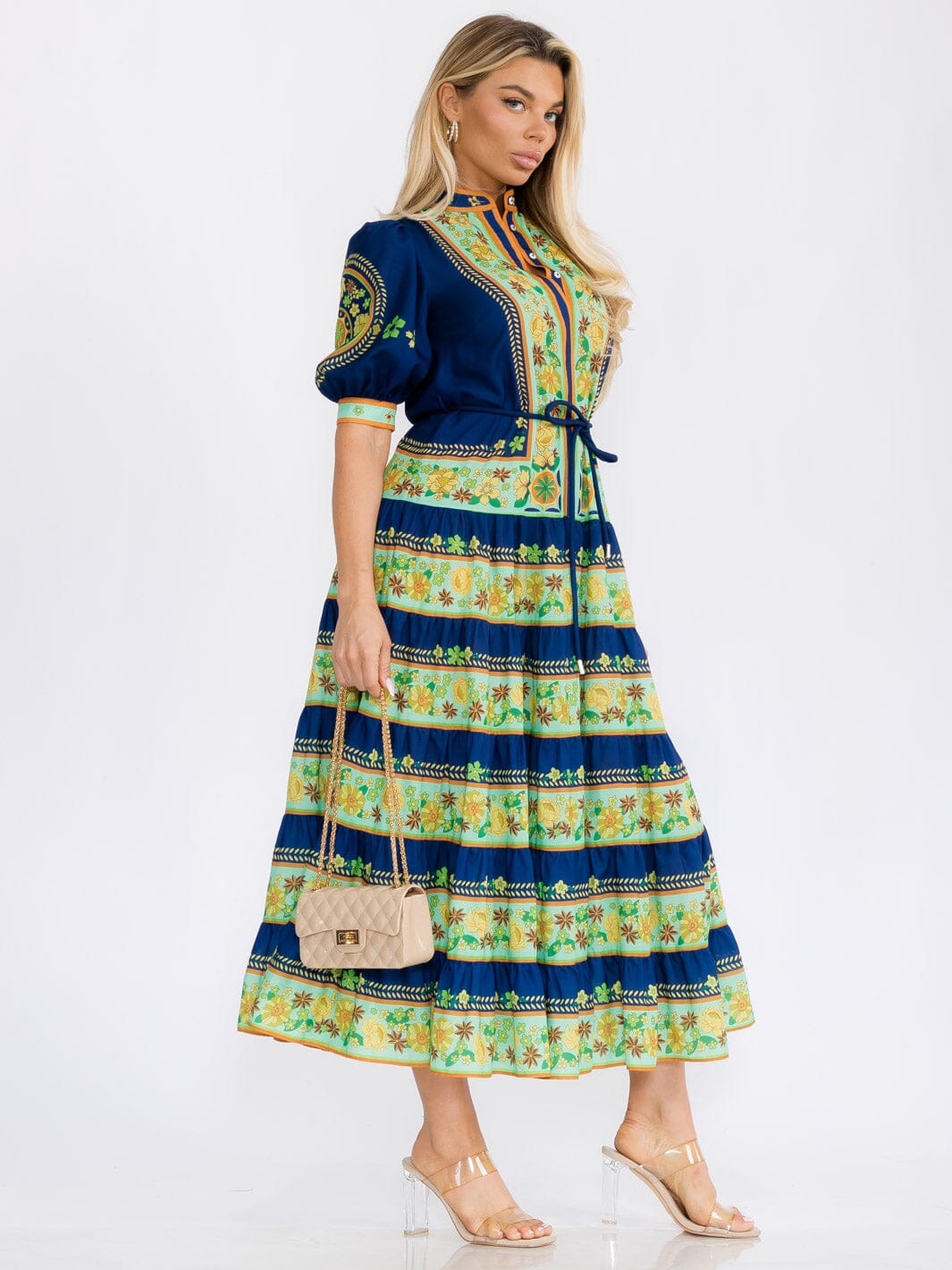 WOMEN'S SHORT PUFF SLEEVES COLORBLOCK BUTTON UP FLORAL MAXI DRESS