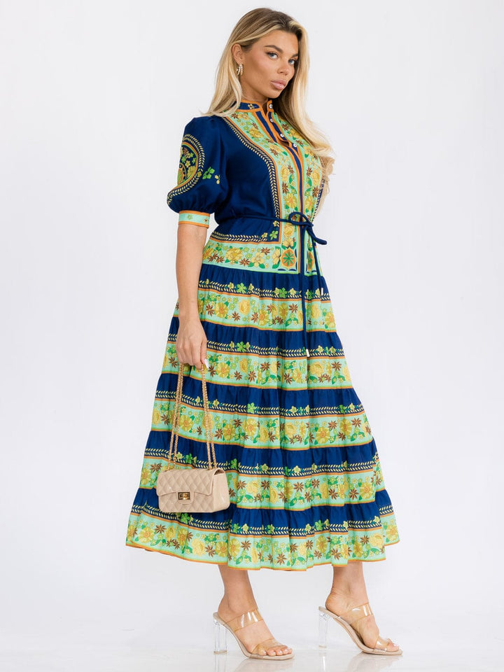 WOMEN'S SHORT PUFF SLEEVES COLORBLOCK BUTTON UP FLORAL MAXI DRESS