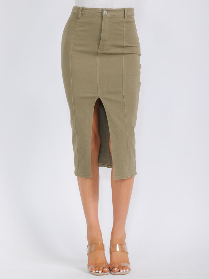 WOMEN'S BUTTON CLOSURE POCKETS DENIM MIDI PENCIL SKIRT