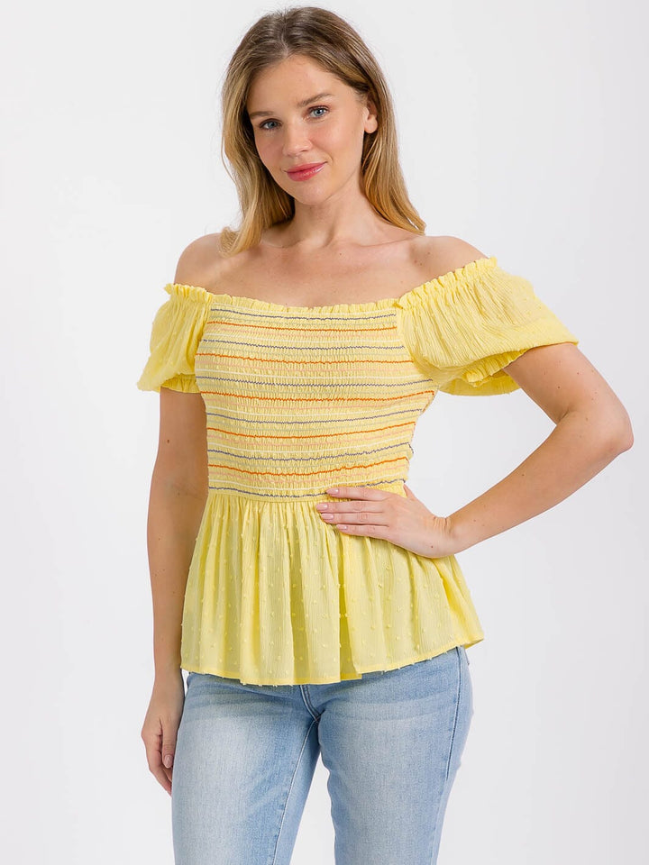 WOMEN'S SHORT SLEEVE SMOCK SWISS MULTI DETAILED PEPLUM TOP