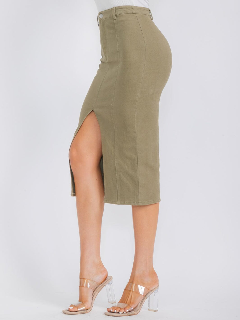 WOMEN'S BUTTON CLOSURE POCKETS DENIM MIDI PENCIL SKIRT