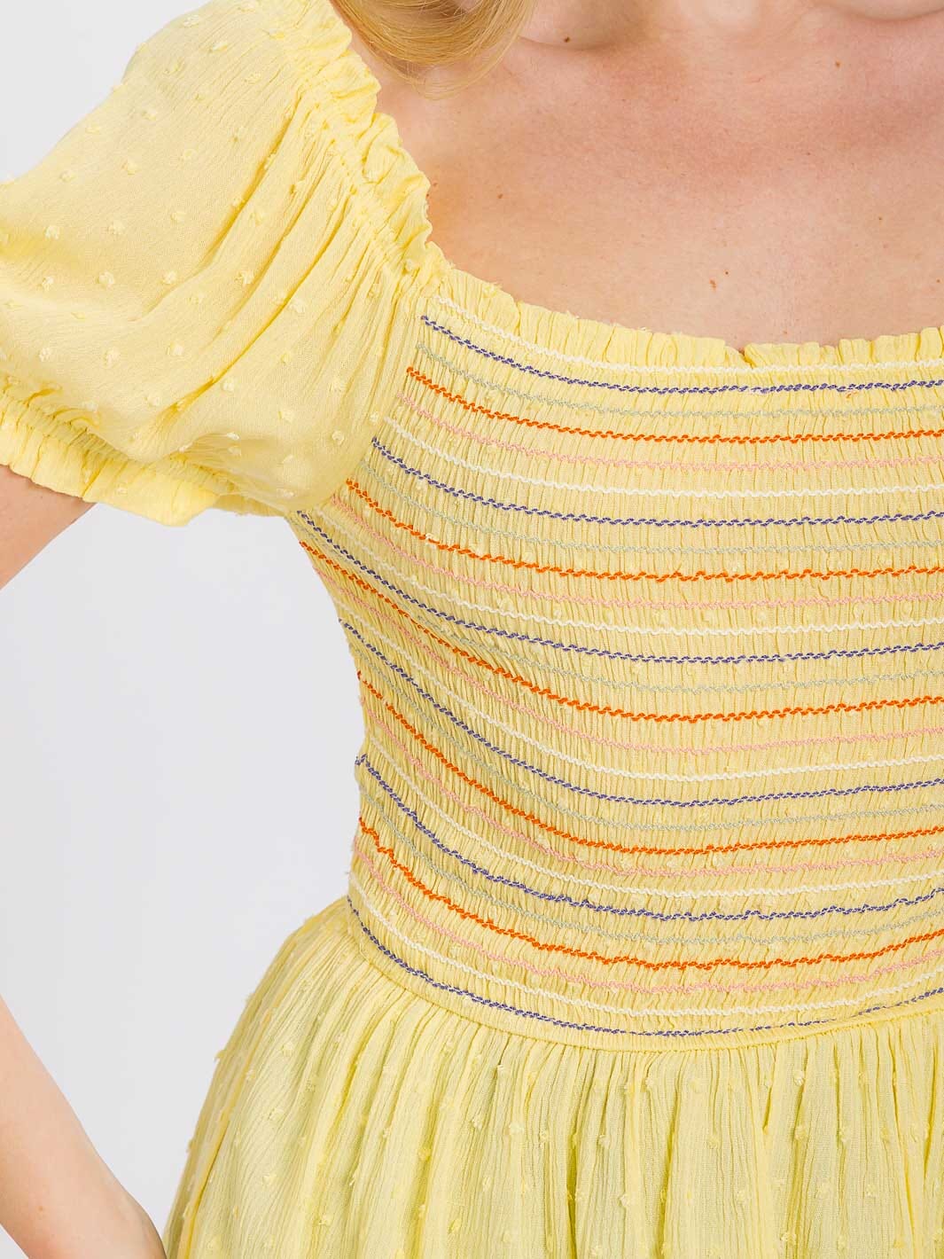 WOMEN'S SHORT SLEEVE SMOCK SWISS MULTI DETAILED PEPLUM TOP