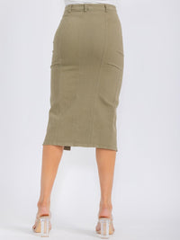 WOMEN'S BUTTON CLOSURE POCKETS DENIM MIDI PENCIL SKIRT