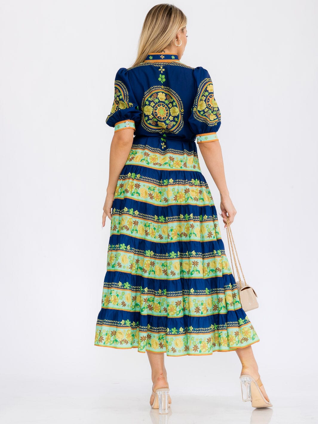 WOMEN'S SHORT PUFF SLEEVES COLORBLOCK BUTTON UP FLORAL MAXI DRESS