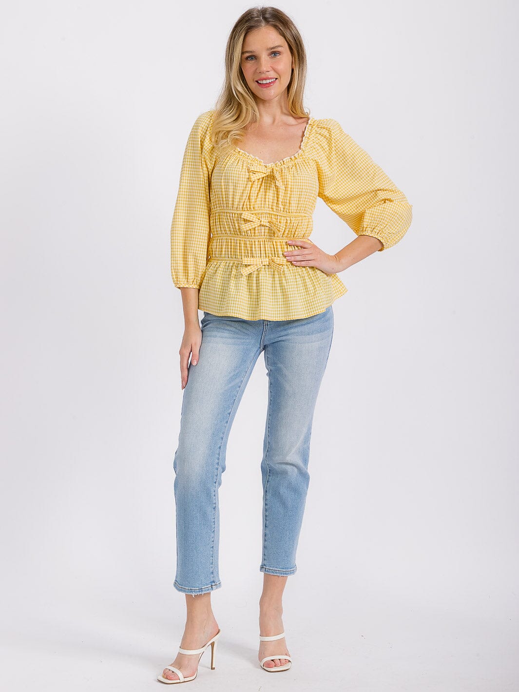 WOMEN'S LONG SLEEVE ELASTIC WAIST PLAID BLOUSE