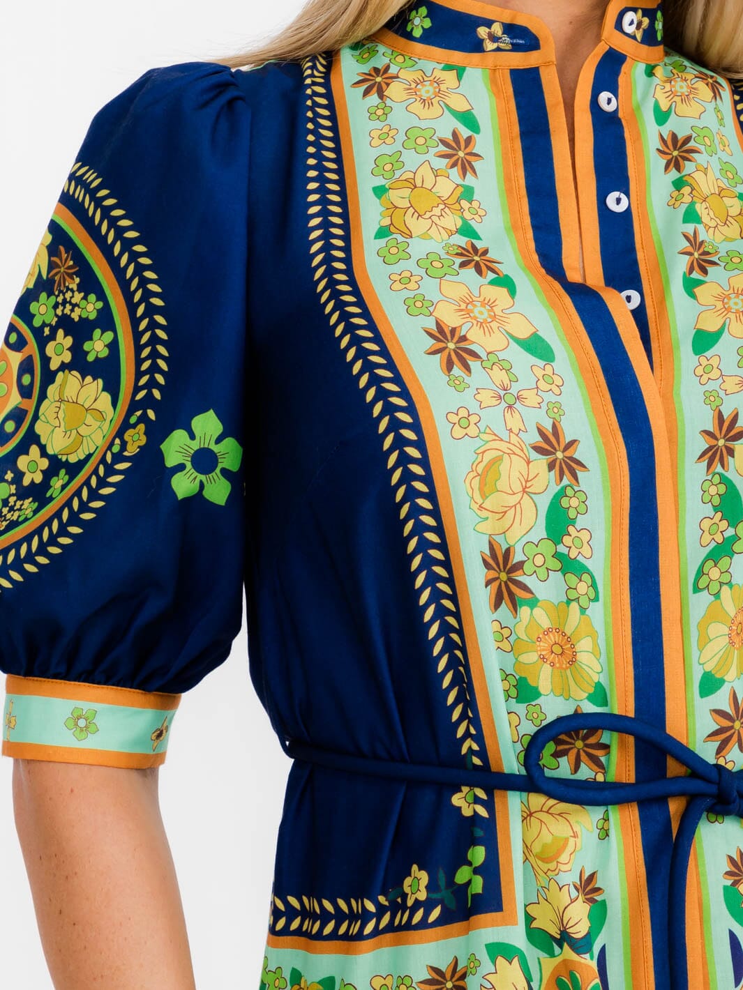 WOMEN'S SHORT PUFF SLEEVES COLORBLOCK BUTTON UP FLORAL MAXI DRESS