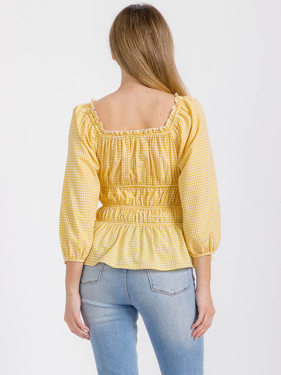 WOMEN'S LONG SLEEVE ELASTIC WAIST PLAID BLOUSE