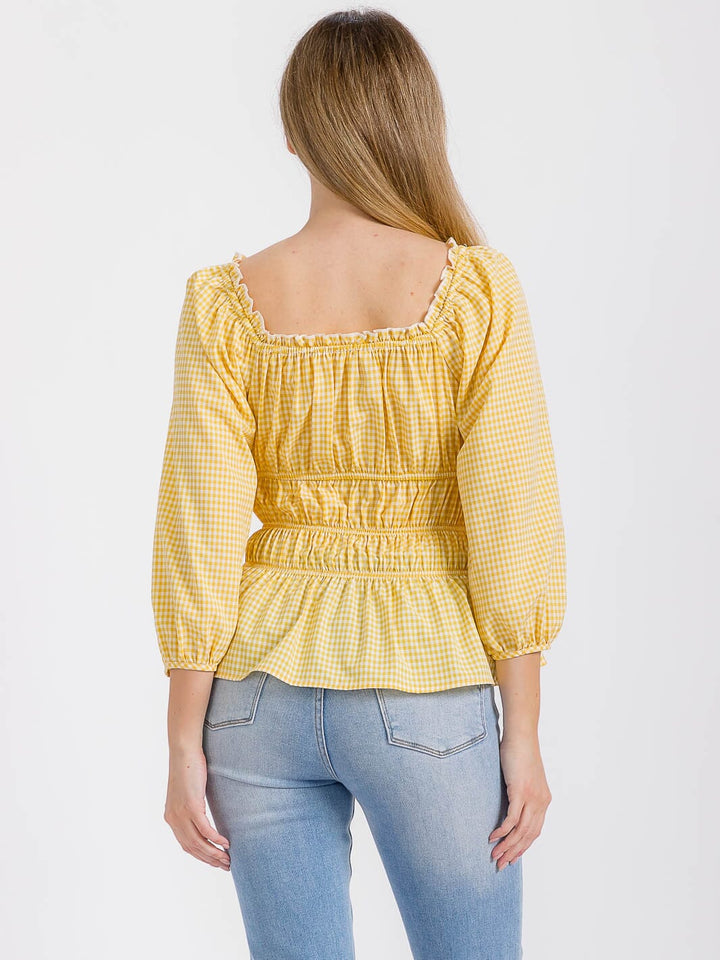 WOMEN'S LONG SLEEVE ELASTIC WAIST PLAID BLOUSE