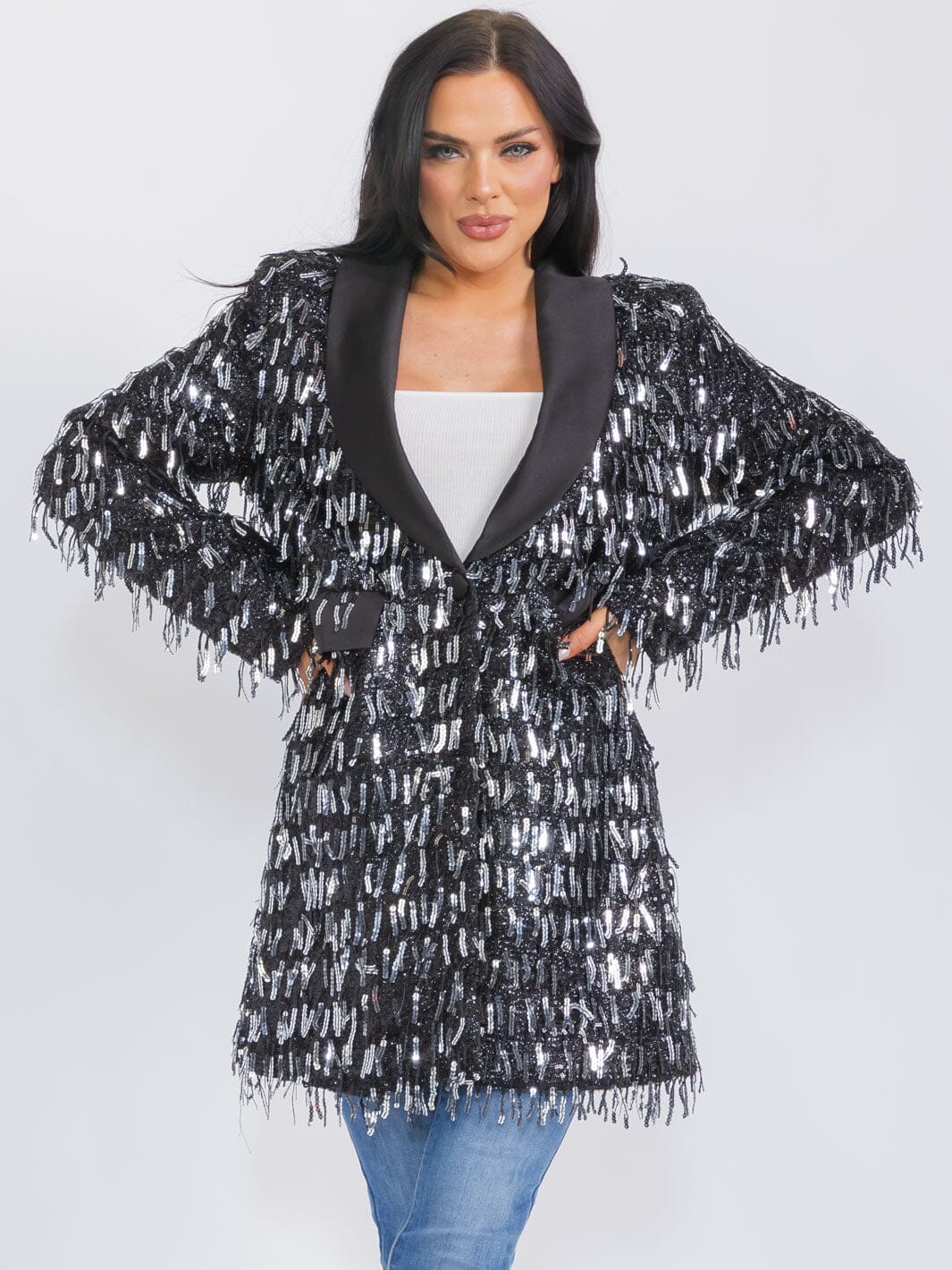 WOMEN'S LONG SLEEVE BUTTON CLOSURE FRONT POCKETS FRINGE SEQUINS BLAZER