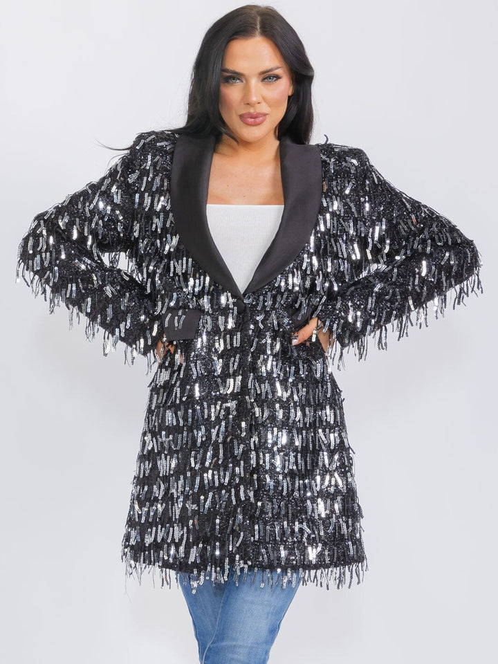 WOMEN'S LONG SLEEVE BUTTON CLOSURE FRONT POCKETS FRINGE SEQUINS BLAZER