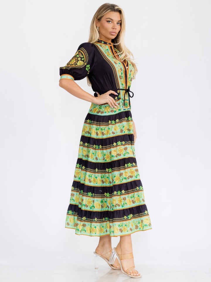 WOMEN'S SHORT PUFF SLEEVES COLORBLOCK BUTTON UP FLORAL MAXI DRESS