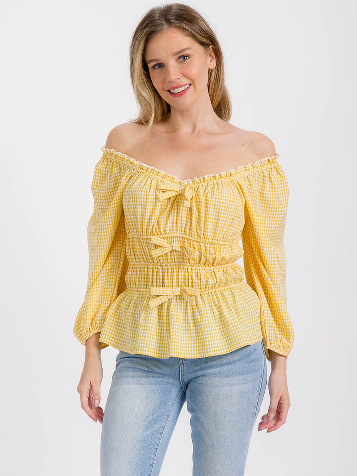 WOMEN'S LONG SLEEVE ELASTIC WAIST PLAID BLOUSE