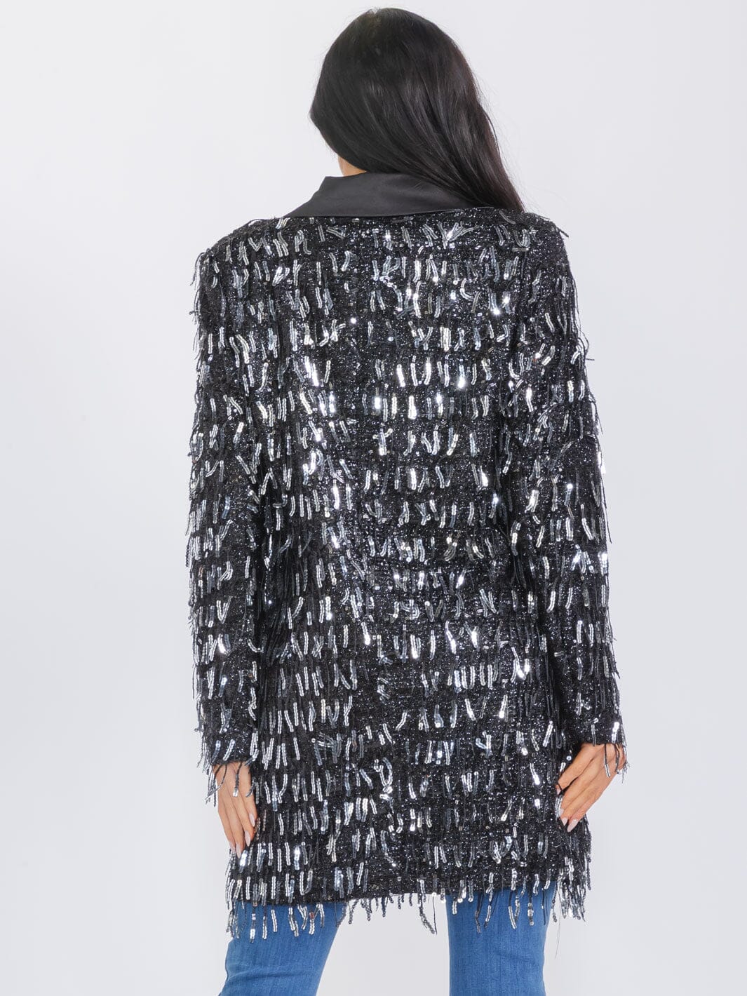 WOMEN'S LONG SLEEVE BUTTON CLOSURE FRONT POCKETS FRINGE SEQUINS BLAZER