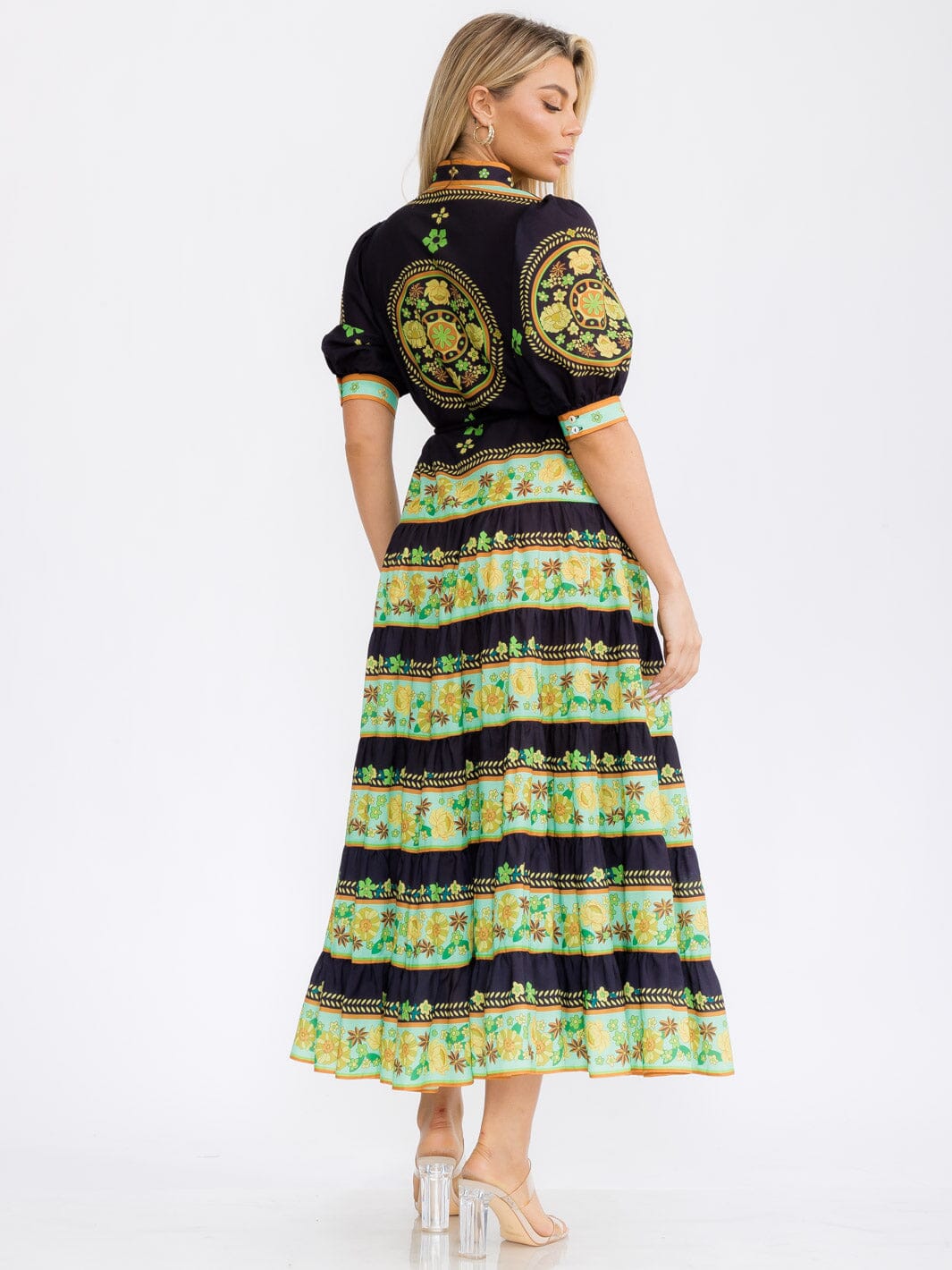 WOMEN'S SHORT PUFF SLEEVES COLORBLOCK BUTTON UP FLORAL MAXI DRESS