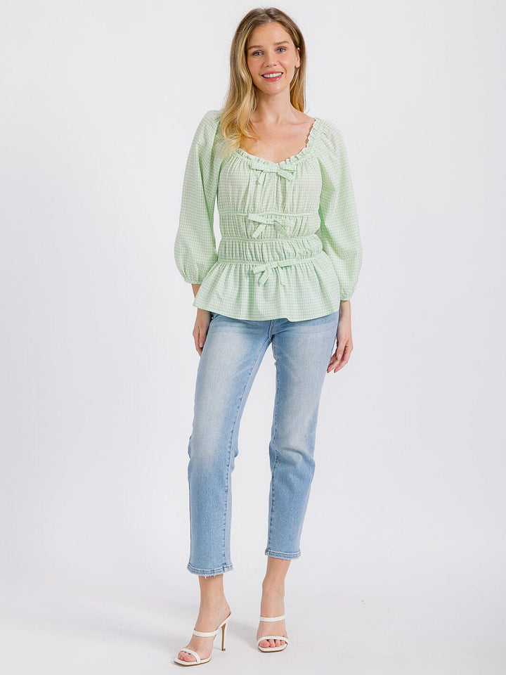 WOMEN'S LONG SLEEVE ELASTIC WAIST PLAID BLOUSE