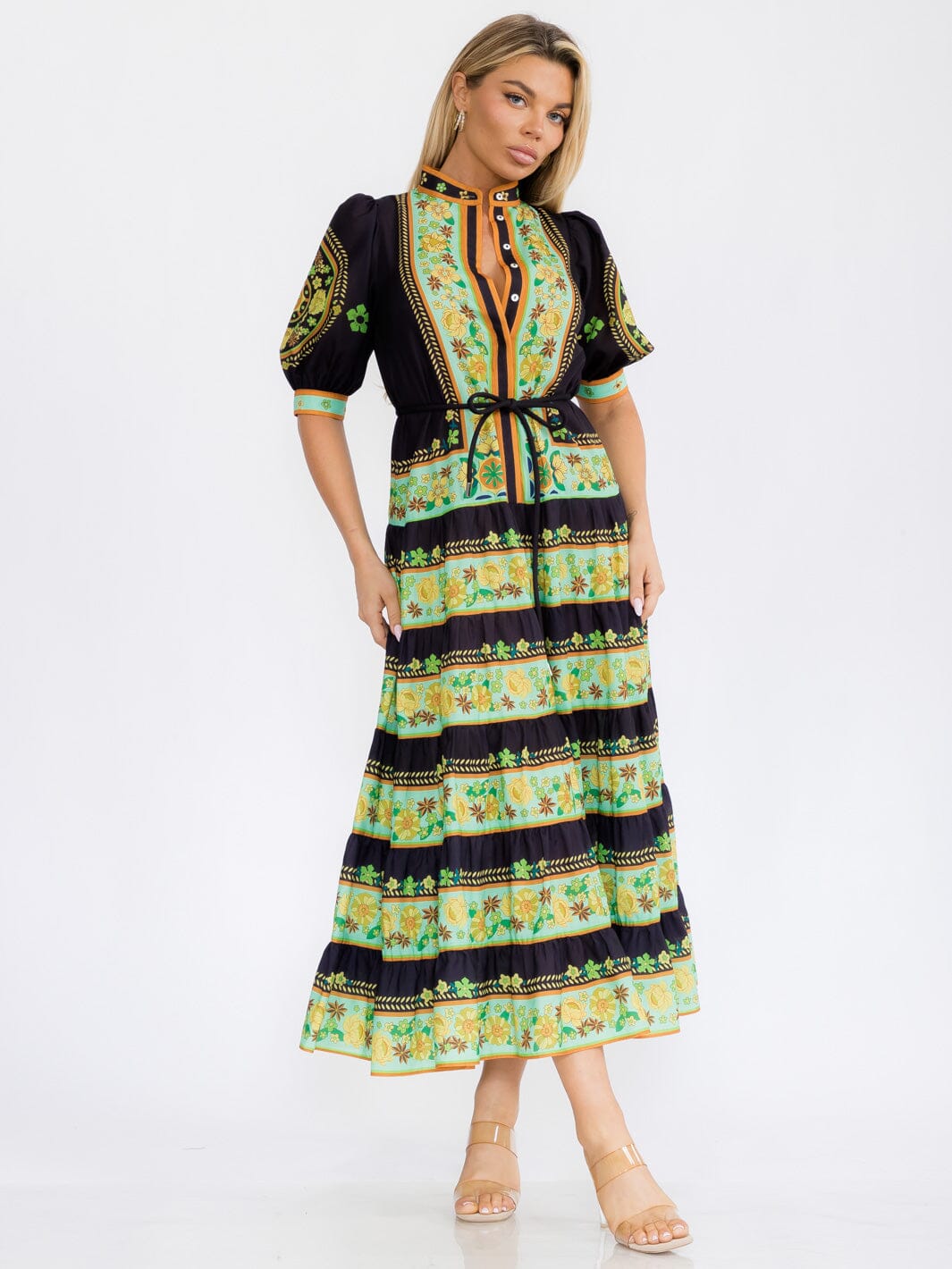 WOMEN'S SHORT PUFF SLEEVES COLORBLOCK BUTTON UP FLORAL MAXI DRESS