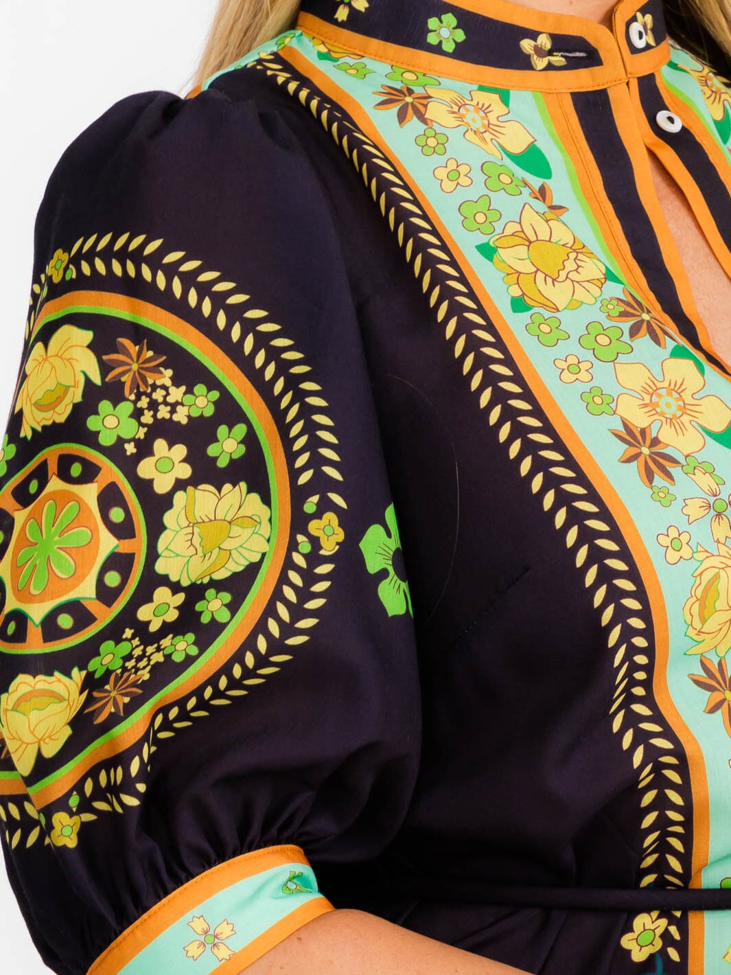 WOMEN'S SHORT PUFF SLEEVES COLORBLOCK BUTTON UP FLORAL MAXI DRESS