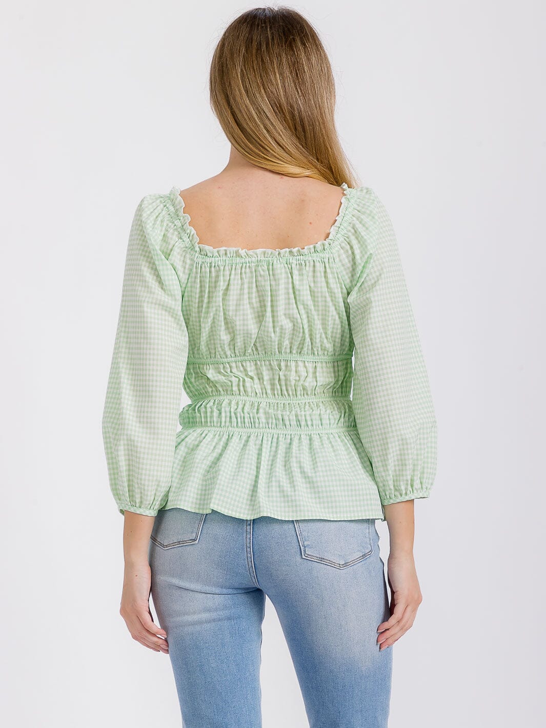 WOMEN'S LONG SLEEVE ELASTIC WAIST PLAID BLOUSE