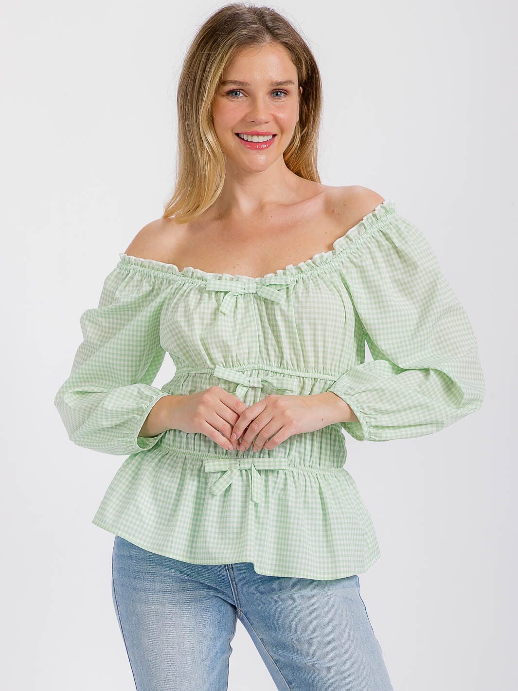 WOMEN'S LONG SLEEVE ELASTIC WAIST PLAID BLOUSE