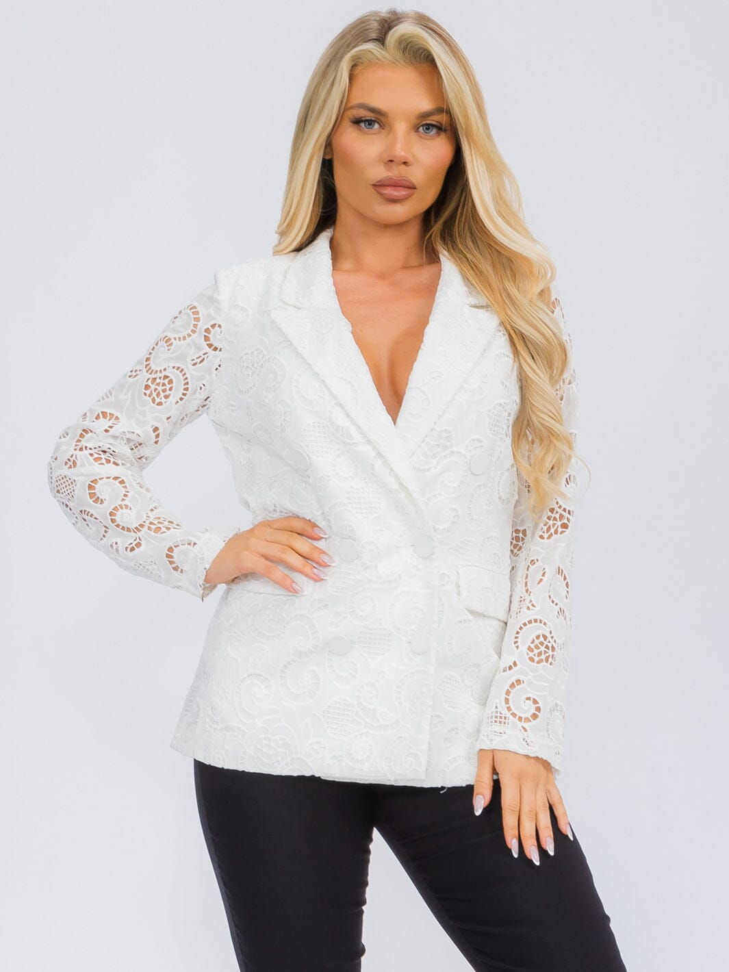 WOMEN'S LONG SLEEVE BUTTON CLOSURE POCKETS LACE DETAILED BLAZER