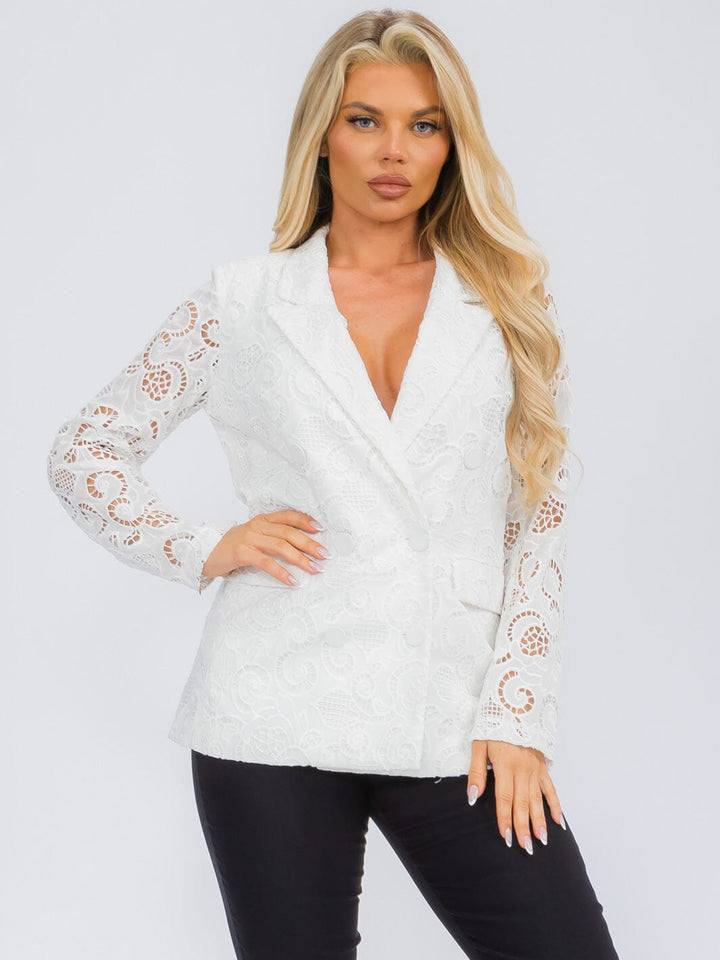 WOMEN'S LONG SLEEVE BUTTON CLOSURE POCKETS LACE DETAILED BLAZER