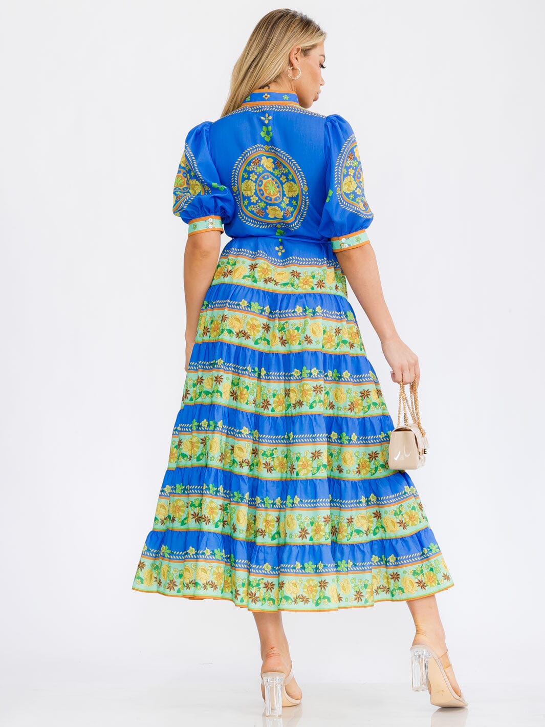 WOMEN'S SHORT PUFF SLEEVES COLORBLOCK BUTTON UP FLORAL MAXI DRESS