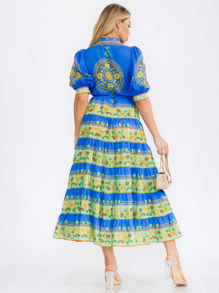 WOMEN'S SHORT PUFF SLEEVES COLORBLOCK BUTTON UP FLORAL MAXI DRESS