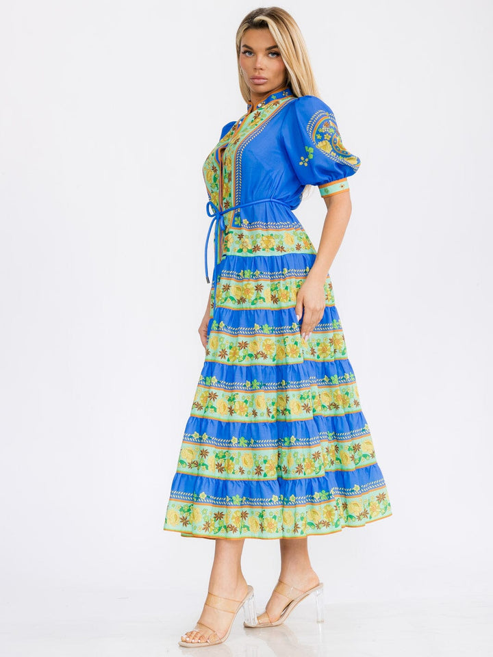 WOMEN'S SHORT PUFF SLEEVES COLORBLOCK BUTTON UP FLORAL MAXI DRESS